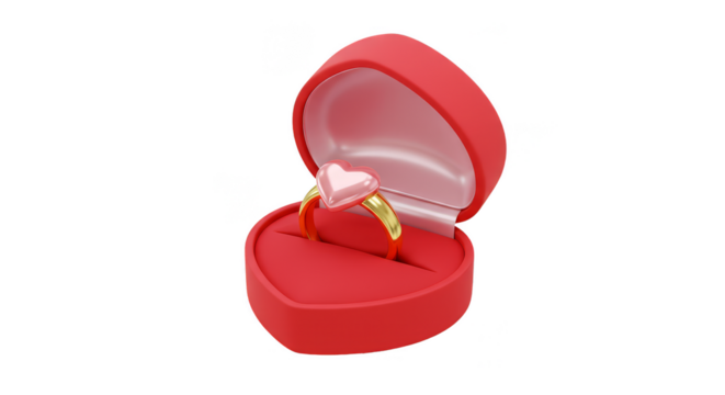 3D Rendering Golden Wedding Ring With Heart in Red Box Isolated