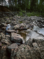 Snow melt in stream over rapids. Alluvial Fan Falls in the Rockies in Colorado. Green trees, boulders in the stream with whitewater rapids. Boulders, green trees and white water falls in Colorado.