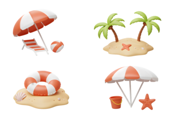 3d Illustration Summer Beach Island with Palm Tree Parasol Starfish