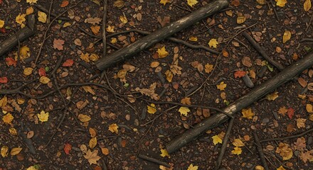 Obraz premium Overhead view of a forest floor covered in autumn leaves small branches and two large logs