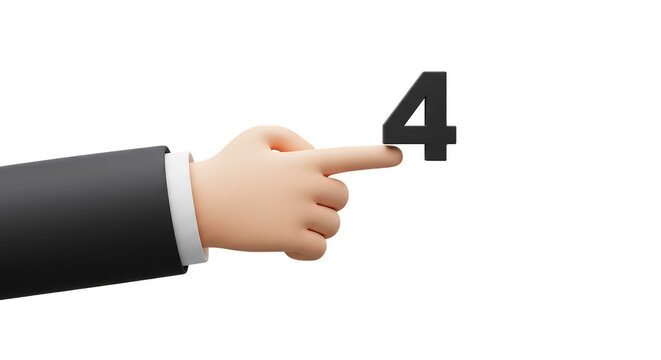 3D Rendering Hand Holds Number Four Gesture on Transparent Backdrop