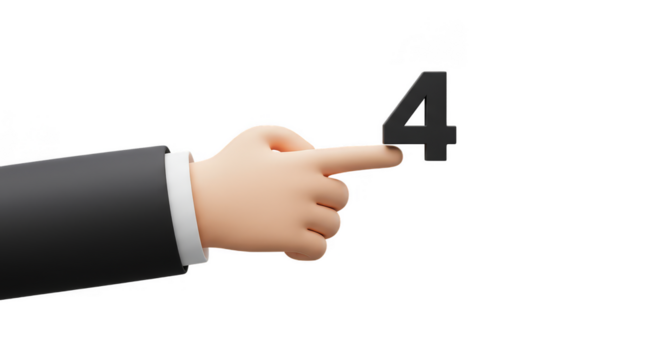 3D Rendering Hand Holds Number Four Gesture on Transparent Backdrop