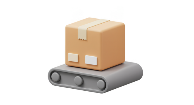 3D Isolated Brown Package Move on Conveyor Belt with Transparent BG