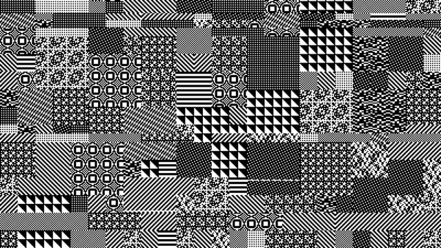 Geometric pixel art background with black and white pixel textures and retro 8-bit style