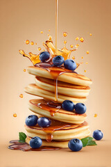 Stack of pancakes topped with blueberries and dripping syrup, vertical breakfast dessert scene for sweet food concepts, morning meals, and brunch advertising