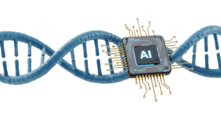 3D Rendering of AI Chip Integrated with DNA Molecule on Transparent