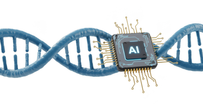 3D Rendering of AI Chip Integrated with DNA Molecule on Transparent