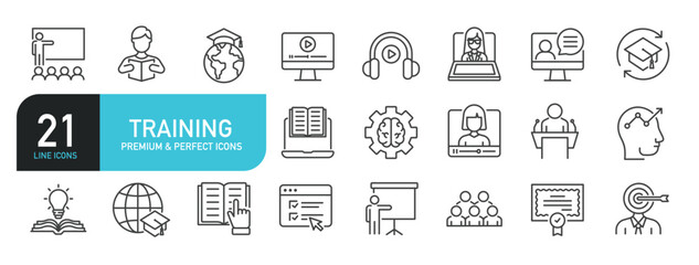 Set of line icons related to training, workshop, seminar. Outline icons collection. Editable stroke. Vector illustration