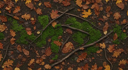 Overhead view of a forest floor covered in autumn leaves vibrant green moss and scattered twigs