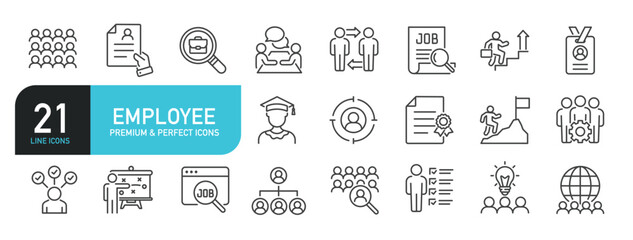 Set of line icons related to employee, human resources, recruitment. Outline icons collection. Editable stroke. Vector illustration
