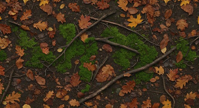 Overhead view of a forest floor covered in autumn leaves vibrant green moss and scattered twigs