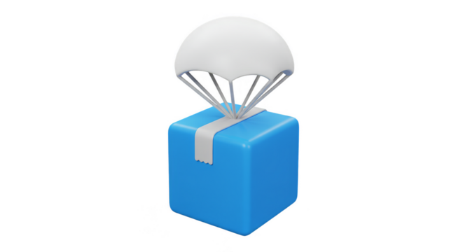 3D Rendering Blue Gift Box Delivery with Parachute Transparent