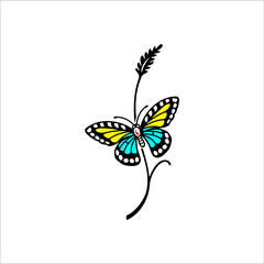 butterfly illustration with a beautiful color combination of turquoise blue and yellow with a white background