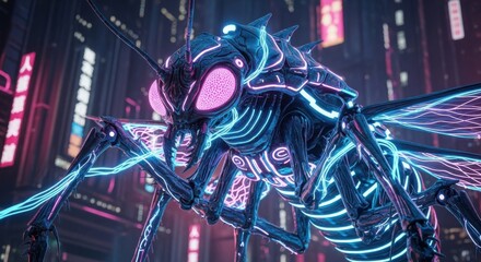 Giant Neon Mosquito Cyberpunk Cityscape Horror Creature Attack Futuristic Metropolis Nightlife