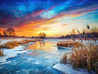 Frozen Wetland Panorama: Dry Reeds, Icy Landscape, Winter Scenery, Cold Nature Photography