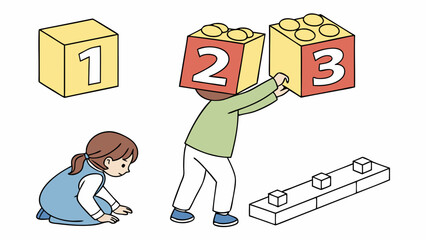 Children playing with numbered building blocks and constructing a toy structure on the floor together