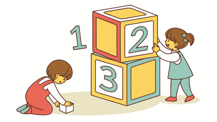Two children playing with number blocks and one child building with a single block on the floor