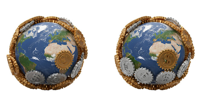 3d Rendering of Globes Surrounded by Gears in Gold and Silver Isolated - Powered by Adobe