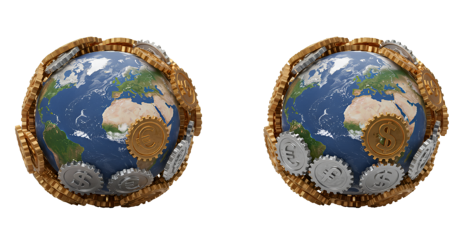 3d Rendering of Globes Surrounded by Gears in Gold and Silver Isolated