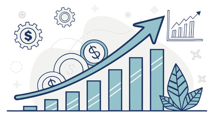 Illustration of financial growth with upward arrow, coins, graph, bars and gears on a light background