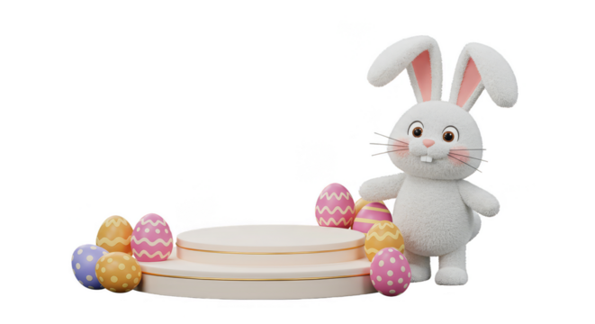 3D Rendering Easter Bunny with Eggs Transparent Background Illustration