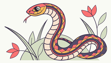 Obraz premium Illustration of a colorful snake slithering through grass with flowers in a stylized design