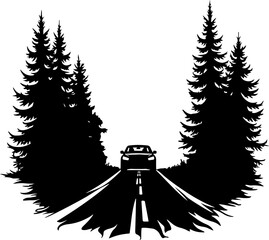 car in the forest, tree, car, winter, forest, snow, vector, pine, illustration, fir, holiday, nature, trees, landscape, tree, auto, xmas, road, season, celebration, automobile, card, silhouette, cold,
