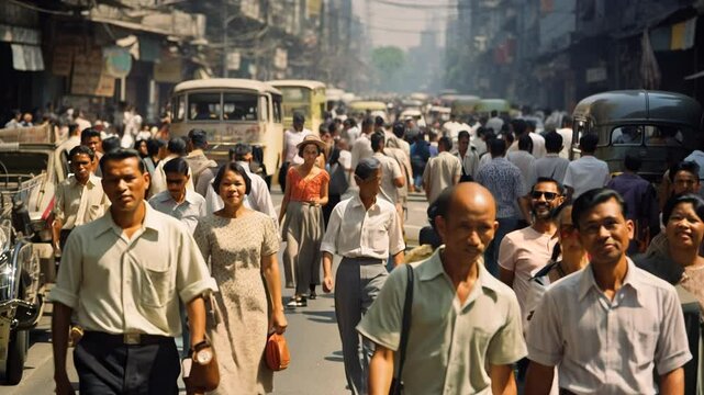 Crowd of people walking street old vintage film style