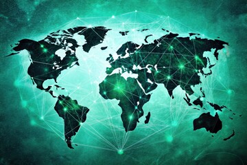 Global Connectivity: Dark Green World Map with Symbolic Texture
