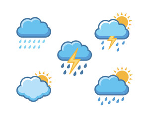Obraz premium Collection of cartoon weather icons representing rain thunder and sunshine with clouds