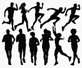 Set running silhouettes. Runner silhouette set of sprinters, runners and joggers running track or jogging. People silhouettes in outline. Marathon jogging, Professional running group, running track.
