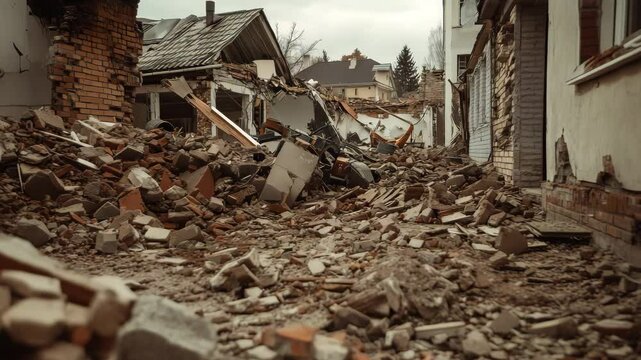 Earthquake scene with buildings collapsed and rubble scattered across the street