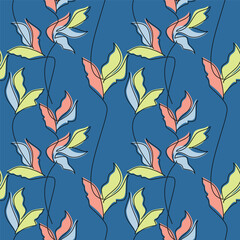Hand drawn leaves seamless pattern. Vector illustration. Abstract outline botanical backdrop. Line continuous wallpaper, cartoon ivy background, fabric, textile, minimal print.