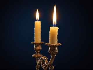  A solitary candle flickers in baroque elegance against a midnight blue backdrop