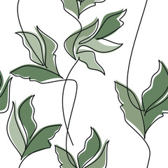 Hand drawn green leaves seamless pattern vector. Contour illustration. Abstract outline botanical backdrop. Line continuous wallpaper, cartoon ivy background, fabric, textile, minimal print.