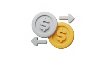 3D Render of Golden and Silver Money Exchange with Transparent Background