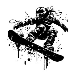 Snowboard Silhouette Grunge Splatter and Dripping Spray Effects