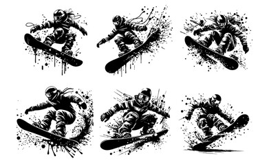 Snowboard Silhouette Grunge Splatter and Dripping Spray Effects