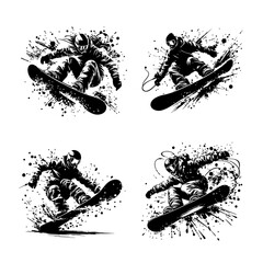Snowboard Silhouette Grunge Splatter and Dripping Spray Effects