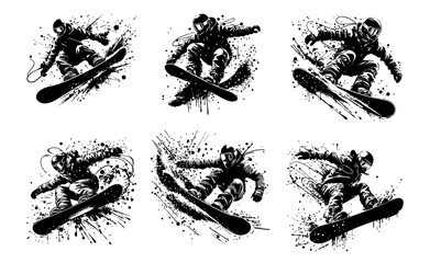 Snowboard Silhouette Grunge Splatter and Dripping Spray Effects
