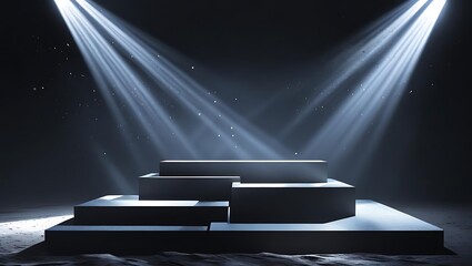 Empty tiered stage illuminated by dramatic spotlight beams with floating dust particles