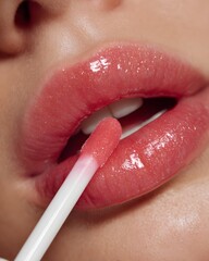 Naklejka premium Close-up of a woman's lips being glossed with a pink applicator, highlighting beauty and skincare
