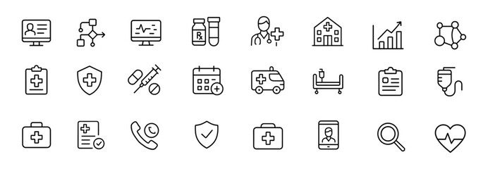 Editable stroke vector illustration: healthcare management icons set for diagnosis, monitoring, records, treatment, analytics, administration, workflow, dashboard, prescription, telehealth