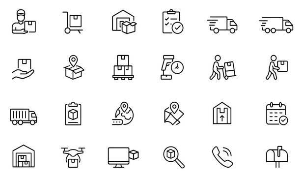 Express shipping & distribution icon set, editable stroke vector illustration of courier transport, cargo delivery, warehouse packing, order process, fast van & truck service