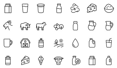 Editable stroke outline icon set of dairy and milk products. Vector illustration of fresh milk, yogurt, cream, cheese, butter, curd, goat, buffalo, cattle, calcium, beverage, farm, organic, packaging
