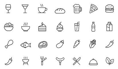 Food & Drink Icon Set – Editable Stroke Vector Illustration of wine, cocktail, hot drink, bread, beer, pizza, burger, salad, soup, cake, dessert & more gastronomic icons, gourmet graphics