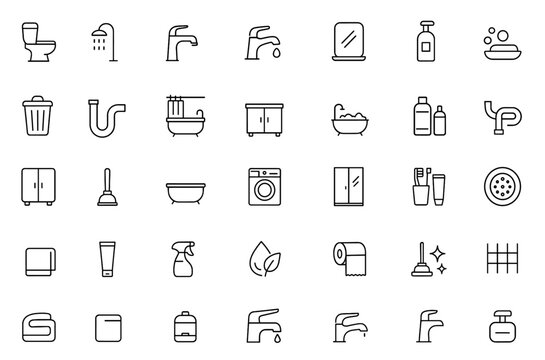 Vector illustration bathroom icon set: toilet, shower, washbasin, tap, mirror, towel, shampoo, hygiene, trash, plumbing, bath, closet and domestic sanitary pictograms, houseware, clean living