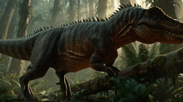 majestic ceratosaurus stalking prey near a fallen log in dense rainforest, filtered sunlight, dramatic shadow play, ultra-realistic textures