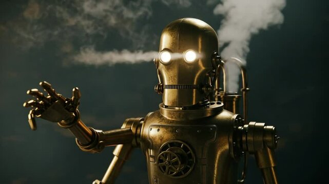 Steampunk Robot Reaching Out Amidst Smoke and Gears