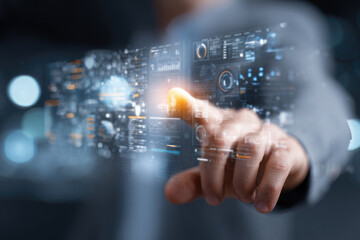 AI-Driven Workflow, Automating Data Management Analytics and Business Reports with KPIs, Predictive Insights, and Big Data Integration. Businessman touching Virtual Screen with Decision-Making Tech